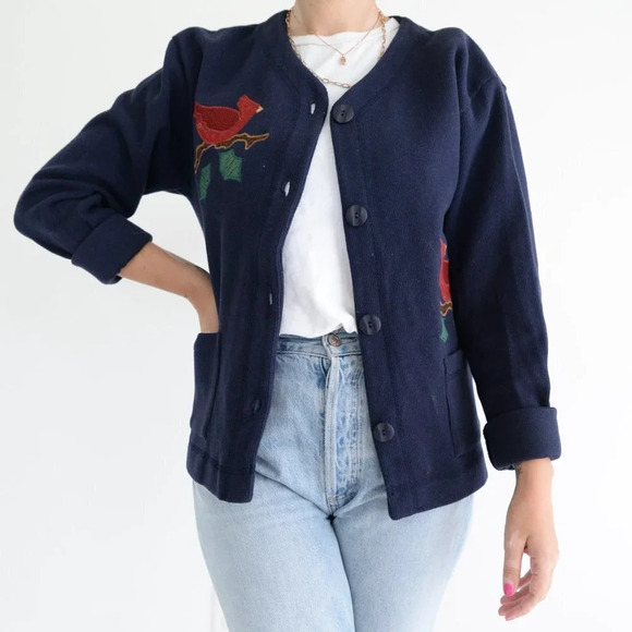 Gabrielle Navy 100% Cotton Bird Design Cardigan  Med - Picture 1 of 14